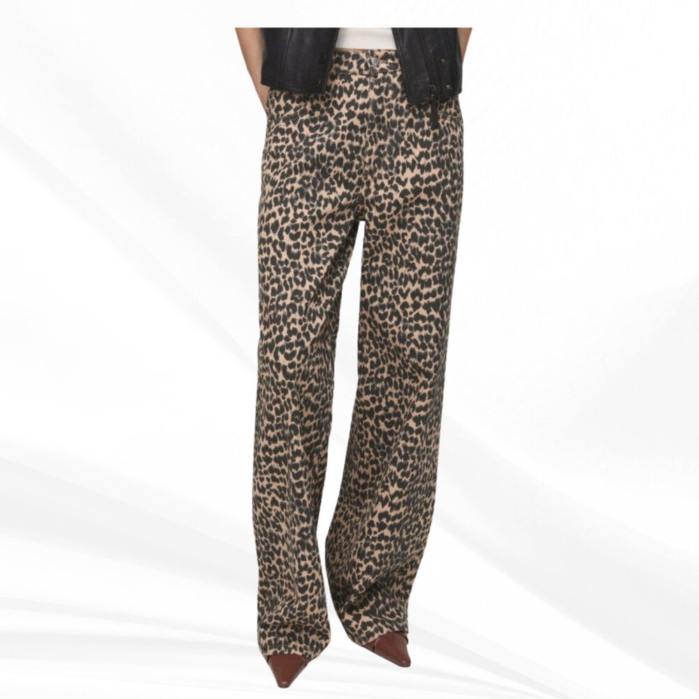 MANGO Leopard Print Straight Leg Jeans Mid Rise Denim Women Sz 10
